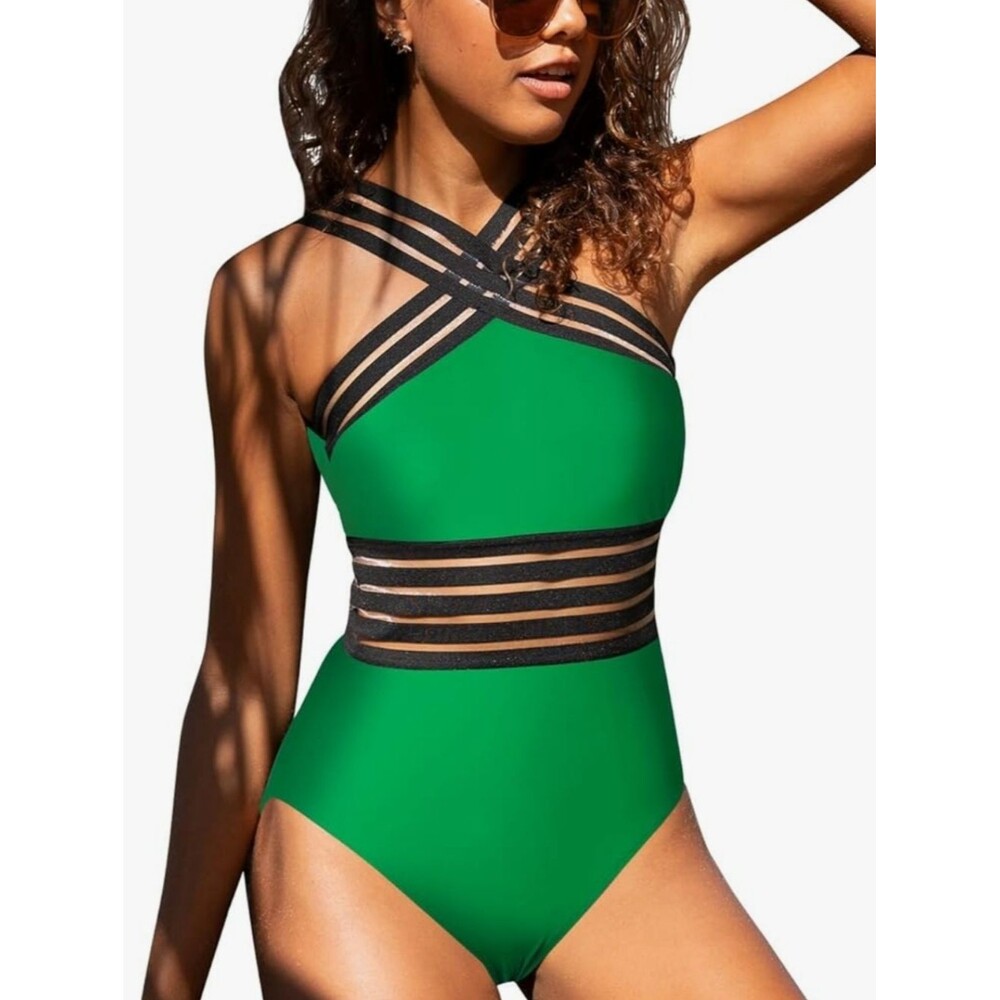 Green & Black Criss Cross Strap Semi Sheer Panels One Piece Swimsuit, Large